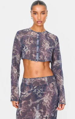 New PrettyLittleThing Print Chiffon Cropped Blouse Leopard