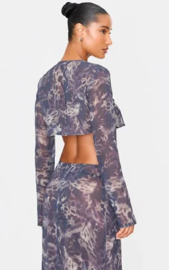 New PrettyLittleThing Print Chiffon Cropped Blouse Leopard