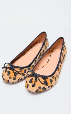 PrettyLittleThing Ballet Flats*Leopard Print Faux Pony Hair Bow Round Toe Ballet Pump