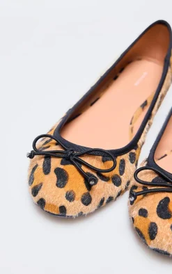 PrettyLittleThing Ballet Flats*Leopard Print Faux Pony Hair Bow Round Toe Ballet Pump