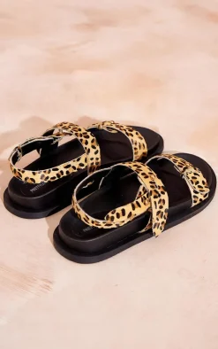 PrettyLittleThing Flat Sandals*Leopard Print Leather Round Toe Footbed Sandals