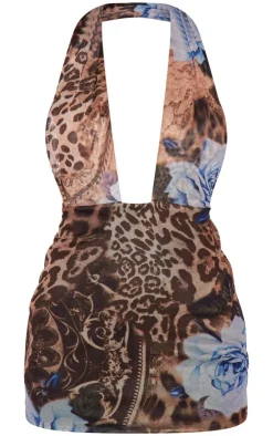 Print Mesh Backless Halterneck Bodycon Dress-PrettyLittleThing Online