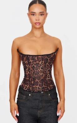 PrettyLittleThing Corsets*Print Mesh Lace Up Detail Bandeau Corset