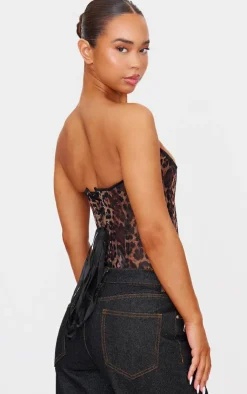 PrettyLittleThing Corsets*Print Mesh Lace Up Detail Bandeau Corset