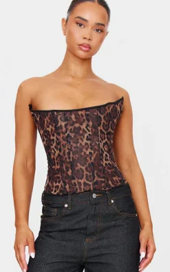 PrettyLittleThing Corsets*Print Mesh Lace Up Detail Bandeau Corset