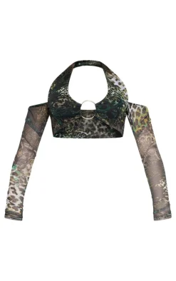 PrettyLittleThing Print Off The Shoulder Halterneck Ring Detail Crop Top Leopard
