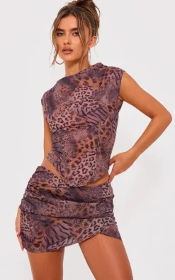 Hot PrettyLittleThing Printed Chiffon High Neck Top Leopard