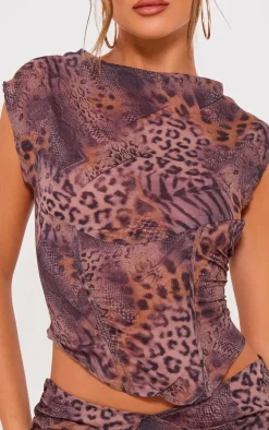 Hot PrettyLittleThing Printed Chiffon High Neck Top Leopard