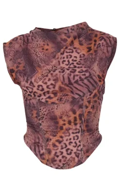 Hot PrettyLittleThing Printed Chiffon High Neck Top Leopard