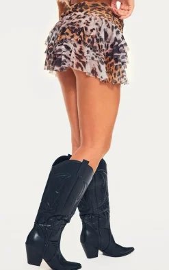 Leopard Printed Mesh Frilly Low Waist Mini Skirt