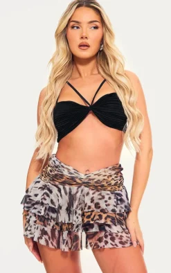 Leopard Printed Mesh Frilly Low Waist Mini Skirt