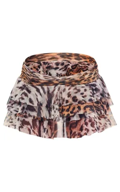 Leopard Printed Mesh Frilly Low Waist Mini Skirt