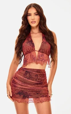 PrettyLittleThing Printed Mesh Halterneck Top Leopard