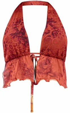 PrettyLittleThing Printed Mesh Halterneck Top Leopard