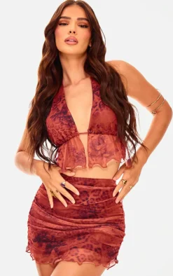 Discount PrettyLittleThing Printed Mesh Ruched Mini Skirt Leopard
