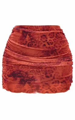 Discount PrettyLittleThing Printed Mesh Ruched Mini Skirt Leopard