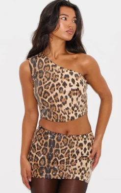 New PrettyLittleThing Printed Sequin One Shoulder Crop Top Leopard