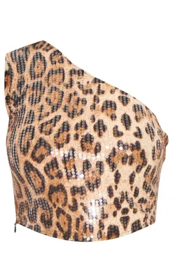 New PrettyLittleThing Printed Sequin One Shoulder Crop Top Leopard