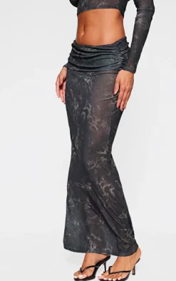 New PrettyLittleThing Printed Sheer Burnout Mesh Fold Over Hem Low Rise Maxi Skirt Leopard