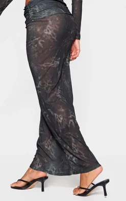 New PrettyLittleThing Printed Sheer Burnout Mesh Fold Over Hem Low Rise Maxi Skirt Leopard