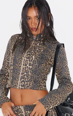 Online PrettyLittleThing Printed Twill Biker Jacket Leopard