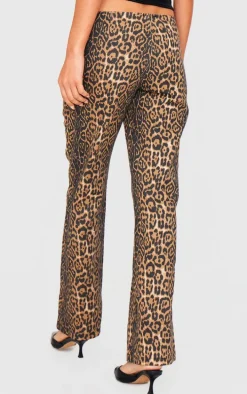 Leopard Printed Twill Lace Up Detail Flared Pants