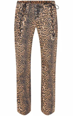 Leopard Printed Twill Lace Up Detail Flared Pants