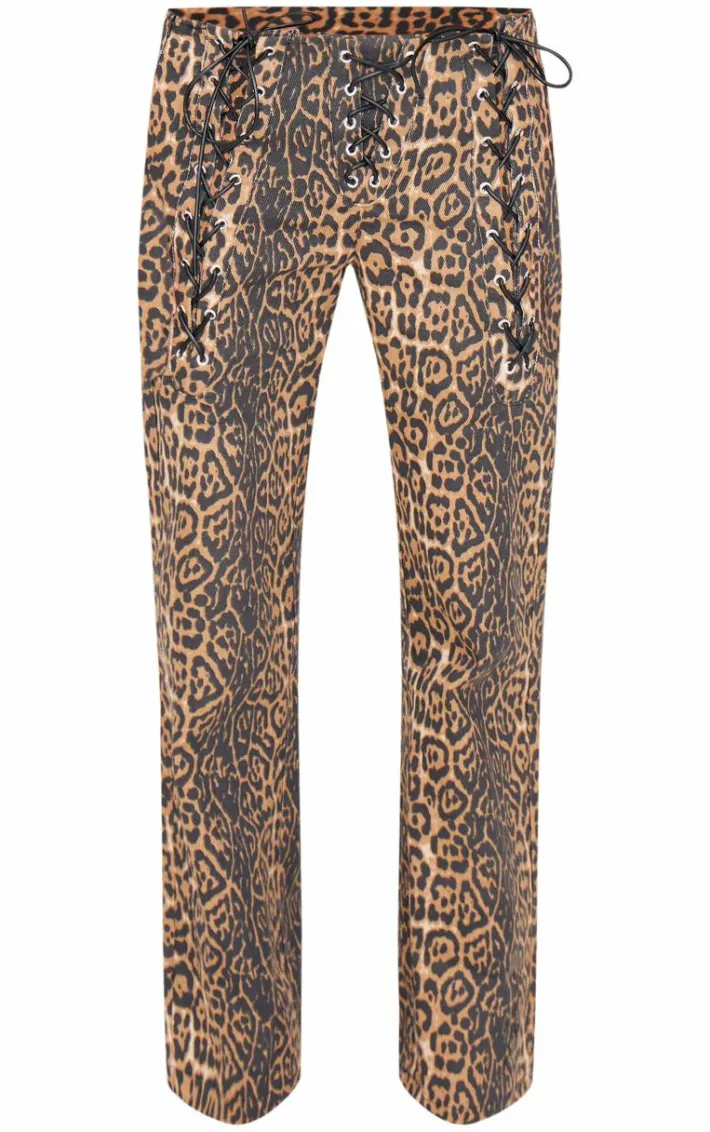 Leopard Printed Twill Lace Up Detail Flared Pants