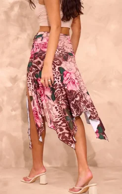 Leopard Rose Print Soft Touch Ruched Asymmetric Midi Skirt