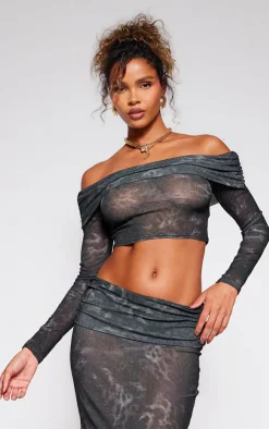 Outlet PrettyLittleThing Sheer Burnout Mesh Fold Over Hem Long Sleeve Bardot Top Leopard