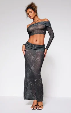 Outlet PrettyLittleThing Sheer Burnout Mesh Fold Over Hem Long Sleeve Bardot Top Leopard