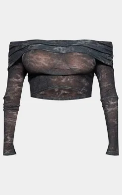 Outlet PrettyLittleThing Sheer Burnout Mesh Fold Over Hem Long Sleeve Bardot Top Leopard