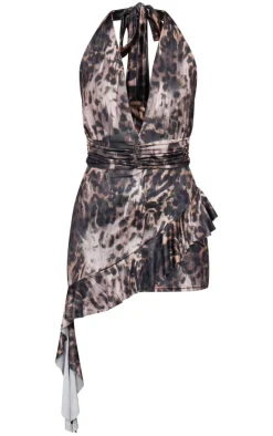 Leopard Slinky Halterneck Drape Skort Romper