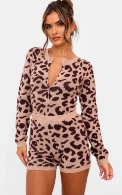 Best PrettyLittleThing Soft Knit Button Up Bodysuit Leopard