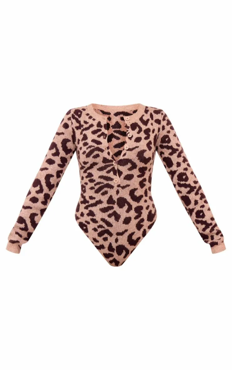 Best PrettyLittleThing Soft Knit Button Up Bodysuit Leopard
