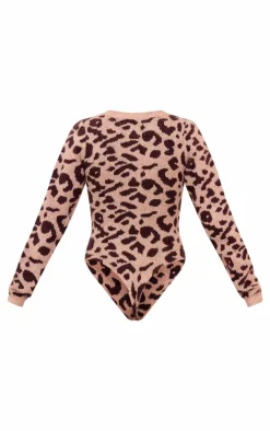 Best PrettyLittleThing Soft Knit Button Up Bodysuit Leopard
