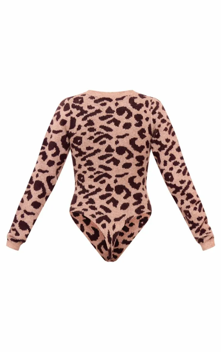 Best PrettyLittleThing Soft Knit Button Up Bodysuit Leopard