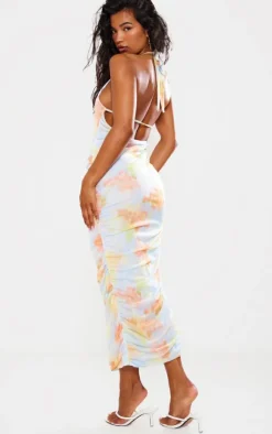 Abstract Mesh Halterneck Ruched Maxi Dress-PrettyLittleThing