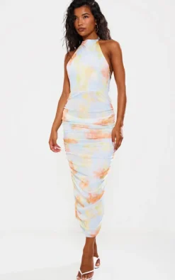 Abstract Mesh Halterneck Ruched Maxi Dress-PrettyLittleThing