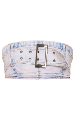 Outlet PrettyLittleThing Denim Buckle Detail Bandeau Top & Mini Skirt Set Light Blue Acid Wash