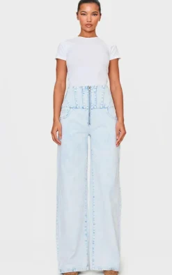 Sale PrettyLittleThing Seam Detail Corset Waist Jeans Light Blue Acid Wash