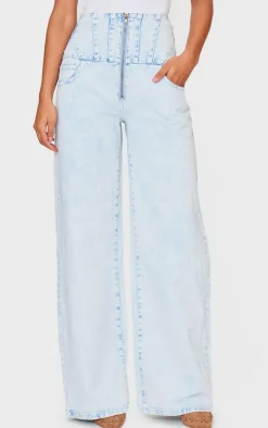 Sale PrettyLittleThing Seam Detail Corset Waist Jeans Light Blue Acid Wash