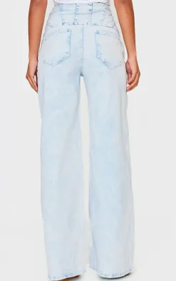 Sale PrettyLittleThing Seam Detail Corset Waist Jeans Light Blue Acid Wash