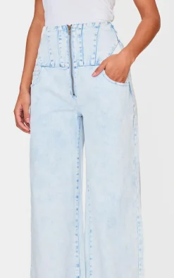 Sale PrettyLittleThing Seam Detail Corset Waist Jeans Light Blue Acid Wash