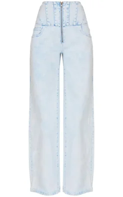 Sale PrettyLittleThing Seam Detail Corset Waist Jeans Light Blue Acid Wash