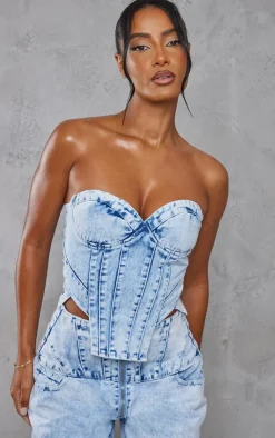 Outlet PrettyLittleThing Light Blue Acid Wash Seam Detail Corset Denim Top Mid Blue Wash