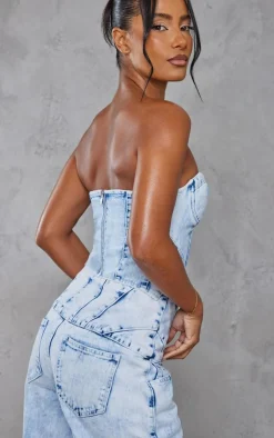Outlet PrettyLittleThing Light Blue Acid Wash Seam Detail Corset Denim Top Mid Blue Wash