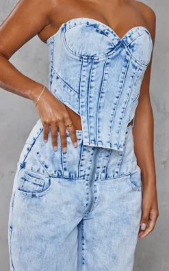 Outlet PrettyLittleThing Light Blue Acid Wash Seam Detail Corset Denim Top Mid Blue Wash