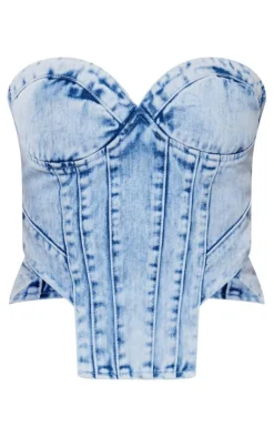 Outlet PrettyLittleThing Light Blue Acid Wash Seam Detail Corset Denim Top Mid Blue Wash