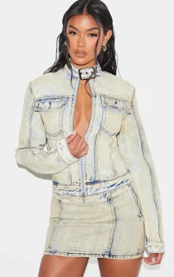 Hot PrettyLittleThing Seam Detail Buckle Neck Racer Denim Jacket Light Blue Acid Wash